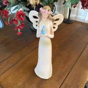 Wooden Angel holding a Blue Bird with Rose Halo